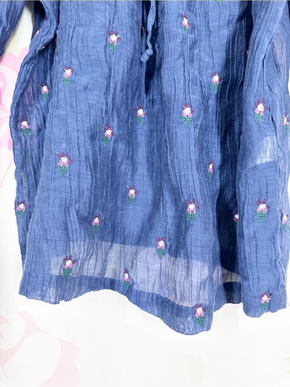 Sundance Navy Embroidered Peasant Floral Sleeve Silk Cotton Blend Blouse Top L - Picture 2 of 7